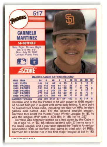 Carmelo Martinez 1989 Score #517 baseball card with original gloss, Padres collectible