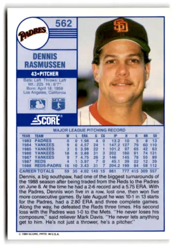 Dennis Rasmussen baseball card 1989 Score #562 original gloss Padres Simply Sandoval