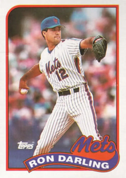 1989 Topps Ron Darling Baseball Card showcasing New York Mets pitcher mid-throw