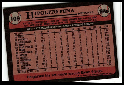 Baseball card back of 1989 Topps #109 Hipolito Pena from New York Yankees trading cards