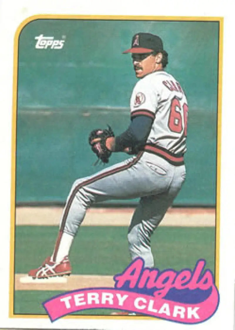 1989 Topps Terry Clark rookie baseball card featuring California Angels pitcher in windup