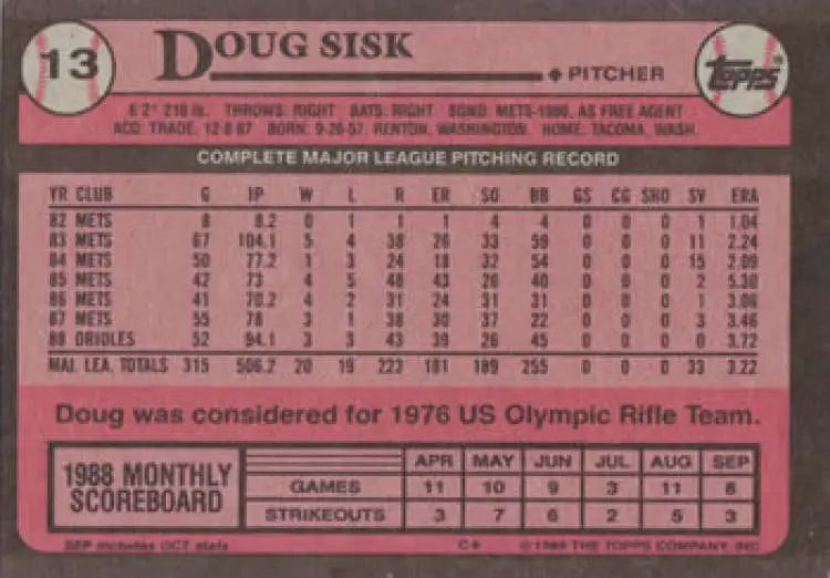 Pink 1989 Topps Doug Sisk Baseball Card with career stats for Baltimore Orioles pitcher