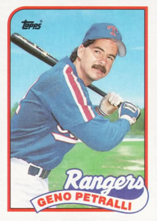 1989 Topps baseball card of Geno Petralli in batting stance for Texas Rangers