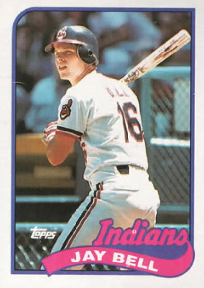 Jay Bell at bat on a 1989 Topps Cleveland Indians baseball card in white uniform