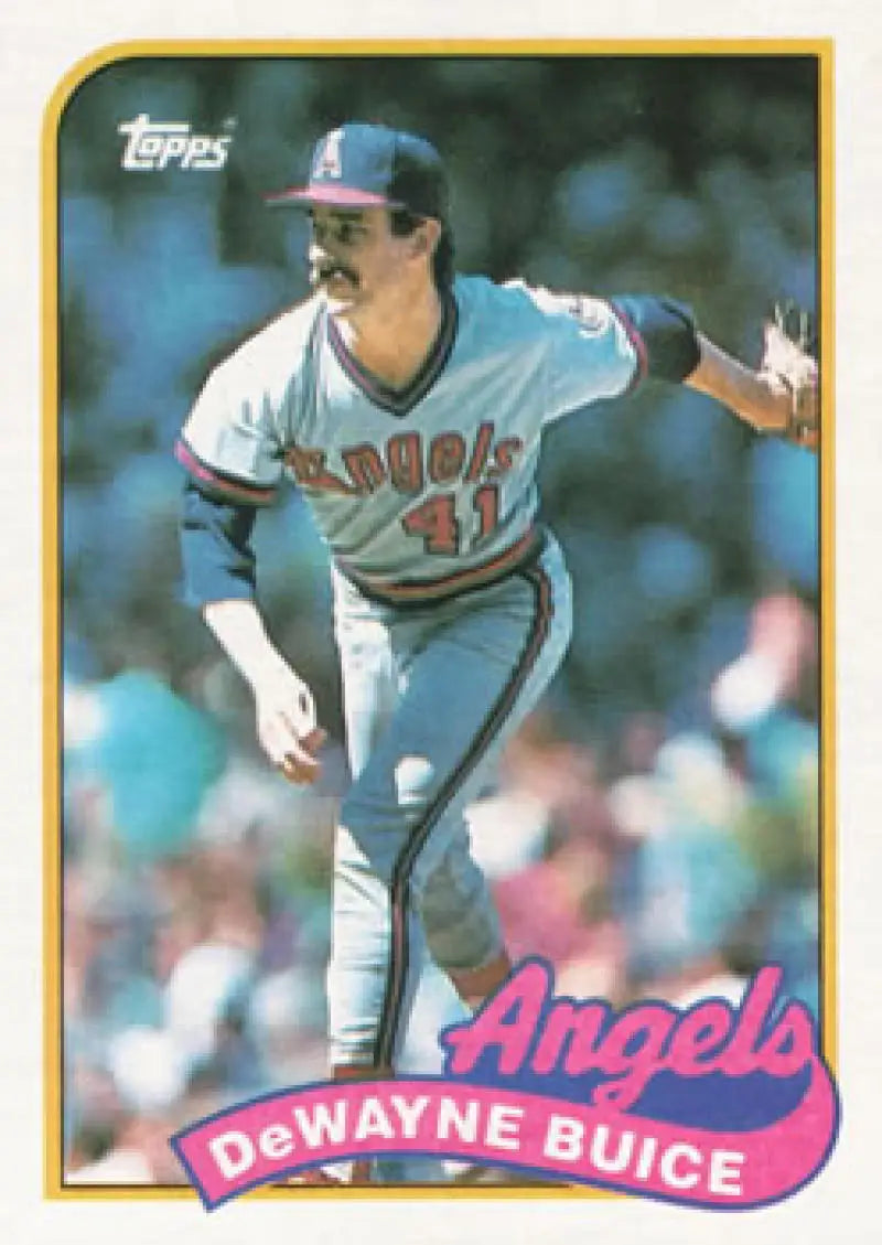 1989 Topps #147 Wayne Buice California Angels Baseball Card showcasing pitcher follow-through