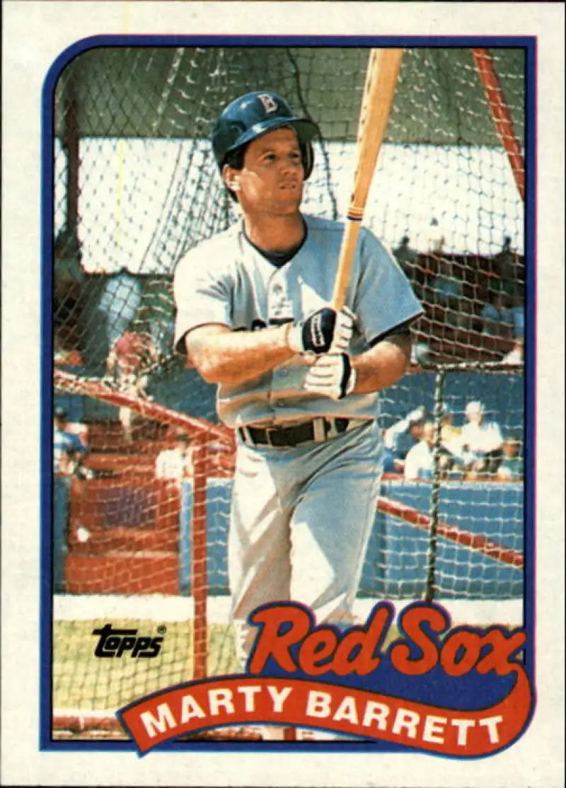 Vintage 1989 Topps baseball card of Marty Barrett in batting stance for Red Sox