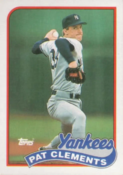 Baseball card of Pat Clements pitching in Yankees gray uniform, 1989 Topps #159