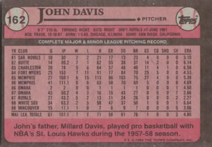 1989 Topps #162 John Davis Baseball Card featuring Chicago White Sox stats and father bio