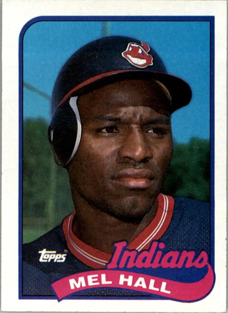 Baseball card of Mel Hall from the Cleveland Indians wearing headphones and cap