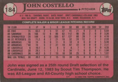 1989 Topps #184 John Costello Baseball Card featuring St. Louis Cardinals stats