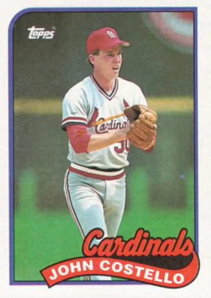 1989 Topps baseball card of John Costello, St. Louis Cardinals player in white and red uniform