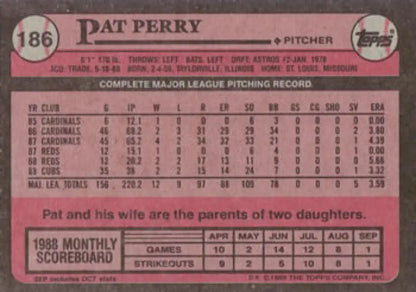 1989 Topps baseball card of Pat Perry featuring Chicago Cubs career statistics