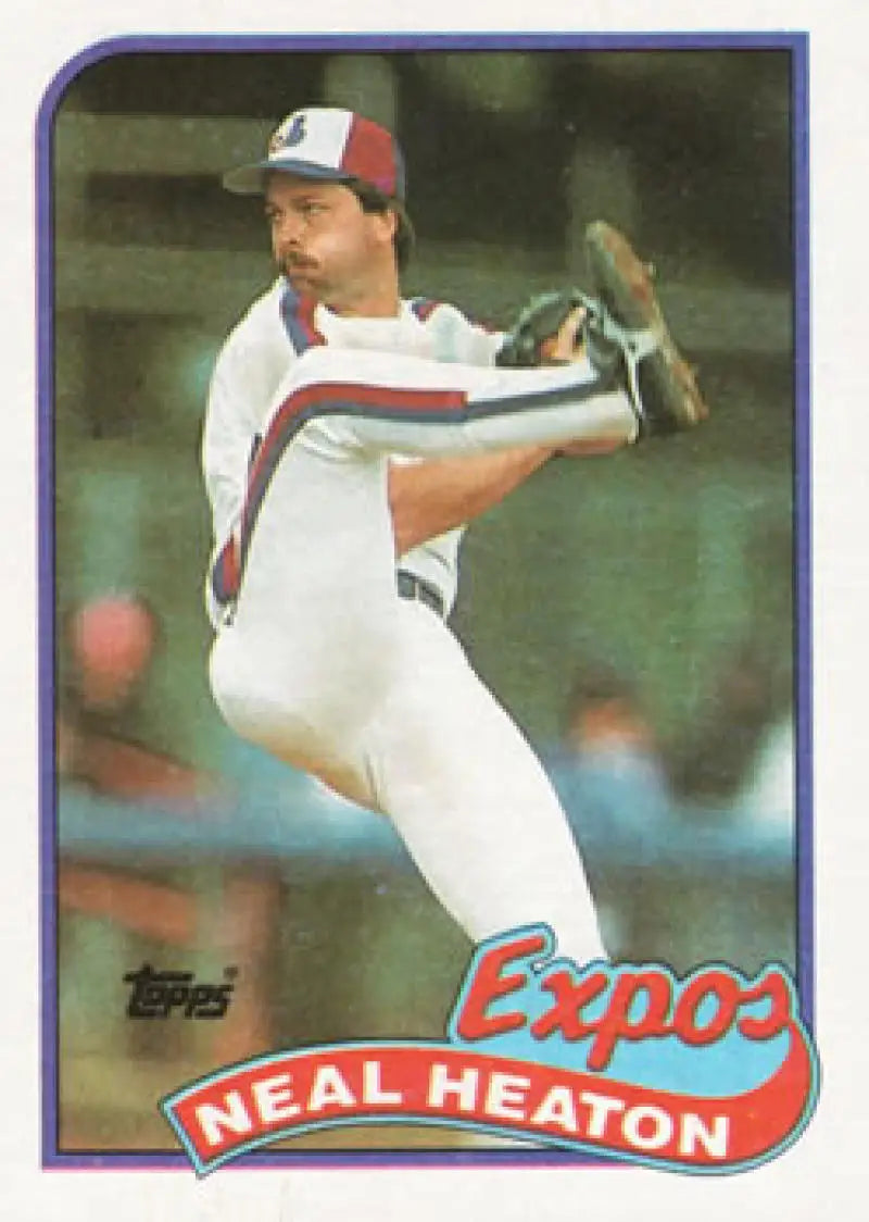 Neal Heaton delivers a pitch on his Montreal Expos baseball card from 1989 Topps