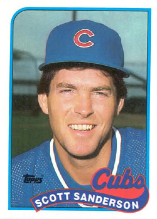 Chicago Cubs baseball card of Scott Sanderson wearing a blue team cap