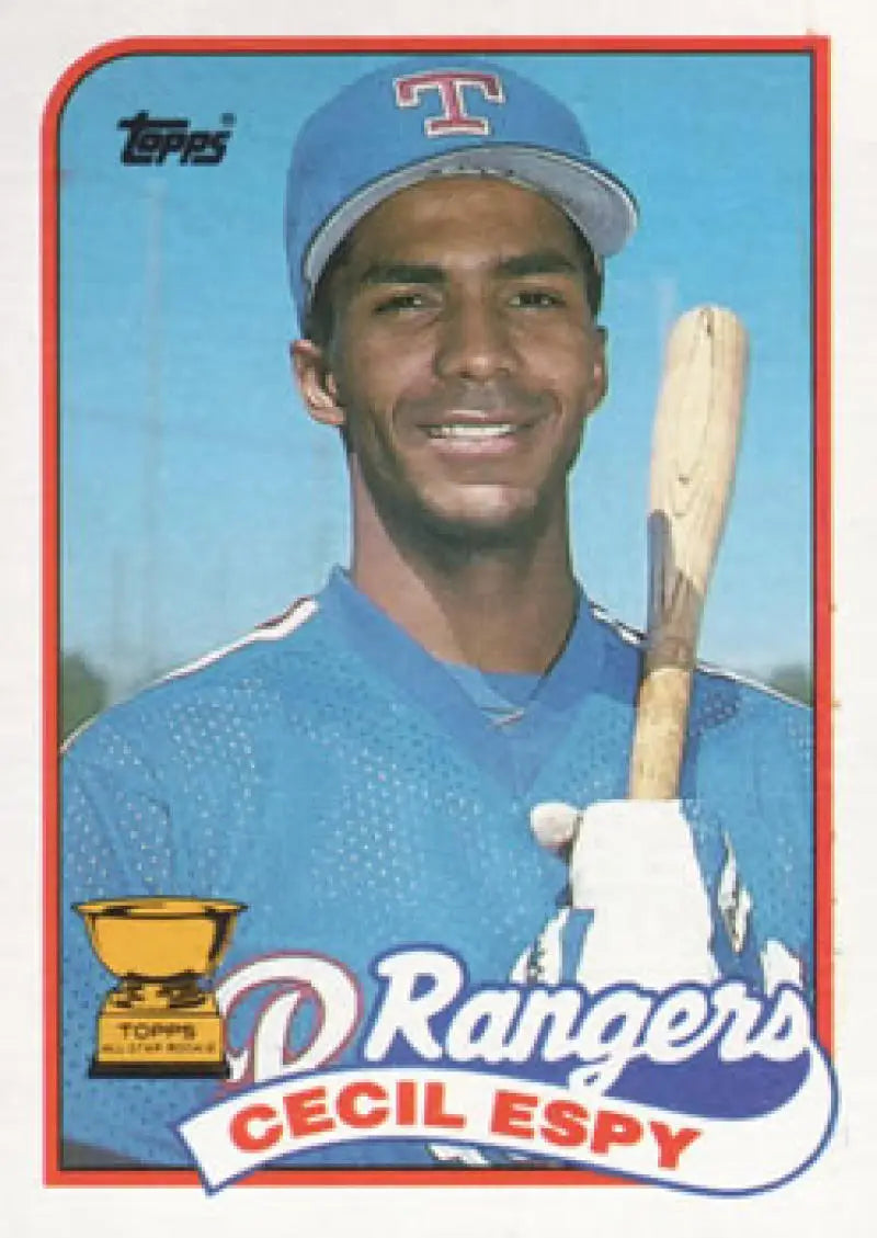 Vintage Texas Rangers baseball card featuring Cecil Espy with red border from Topps