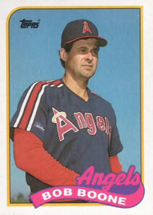 Vintage 1989 Topps Bob Boone baseball card featuring California Angels in navy and red uniform