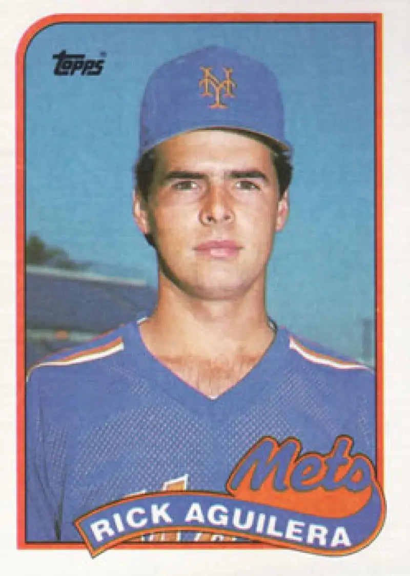 1989 Topps #257 Rick Aguilera New York Mets Baseball Card in blue uniform