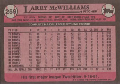 Pink 1983 Topps Baseball Card featuring Larry McWilliams and St. Louis Cardinals stats