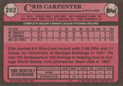 Pink 1989 Topps Baseball Card of Cris Carpenter, St. Louis Cardinals Rookie with Stats