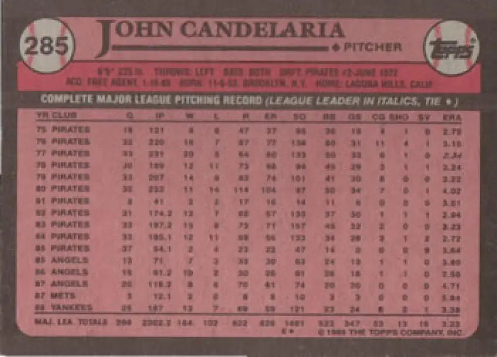 John Candelaria New York Yankees baseball card with career stats 1975-1982