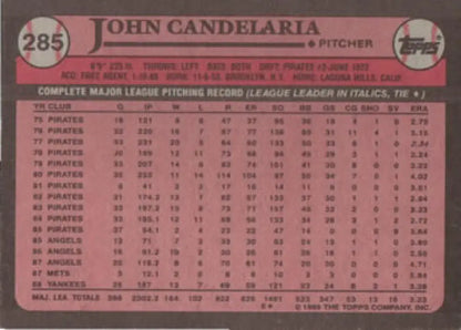 John Candelaria New York Yankees baseball card with career stats 1975-1982