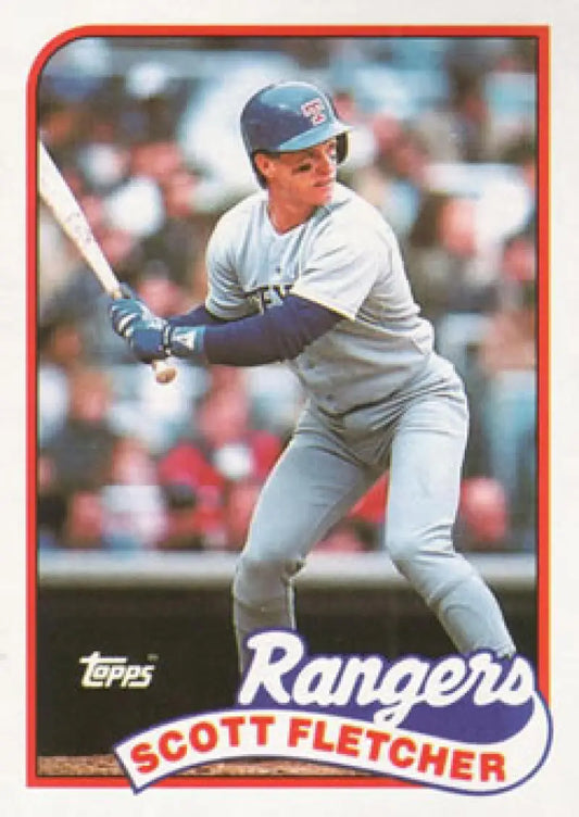 Baseball card of Scott Fletcher in batting stance for Texas Rangers in gray uniform