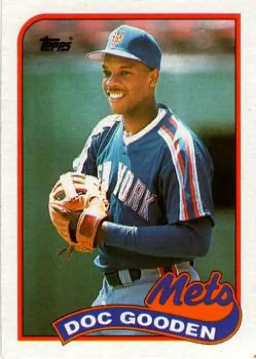 Smiling Doc Gooden in blue uniform on 1989 Topps New York Mets Baseball Card