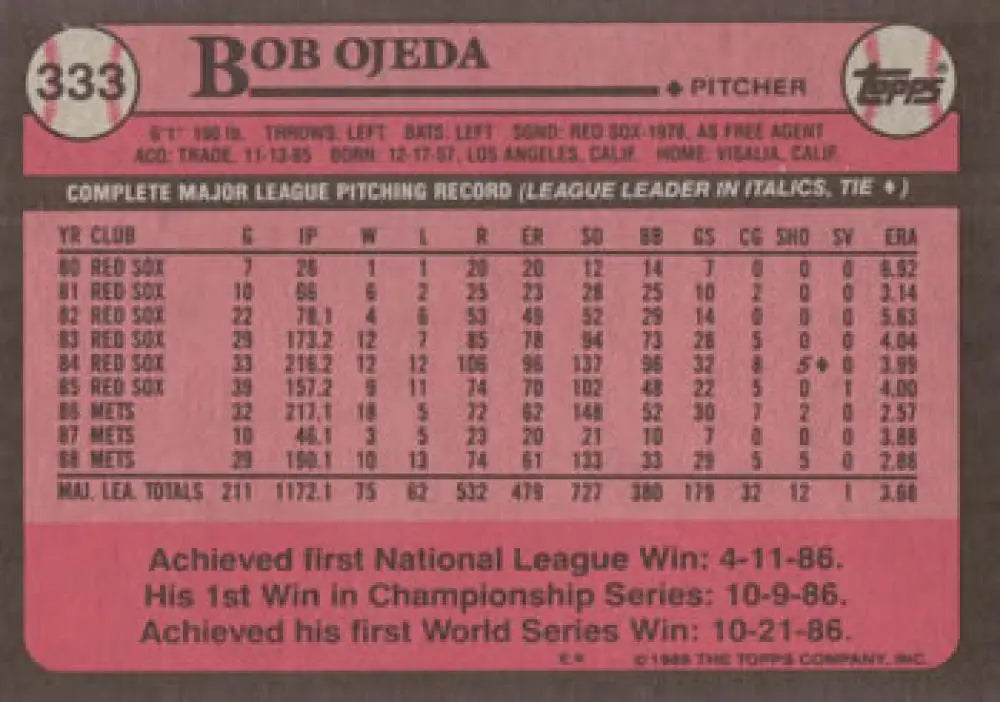 1989 Topps #333 Bob Ojeda NM-MT New York Mets Baseball Card Image 2