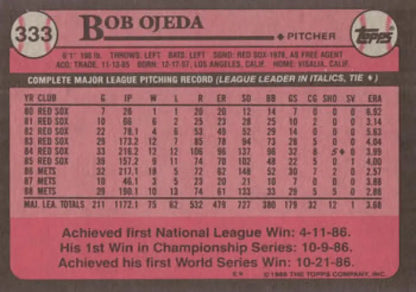 1989 Topps #333 Bob Ojeda NM-MT New York Mets Baseball Card Image 2