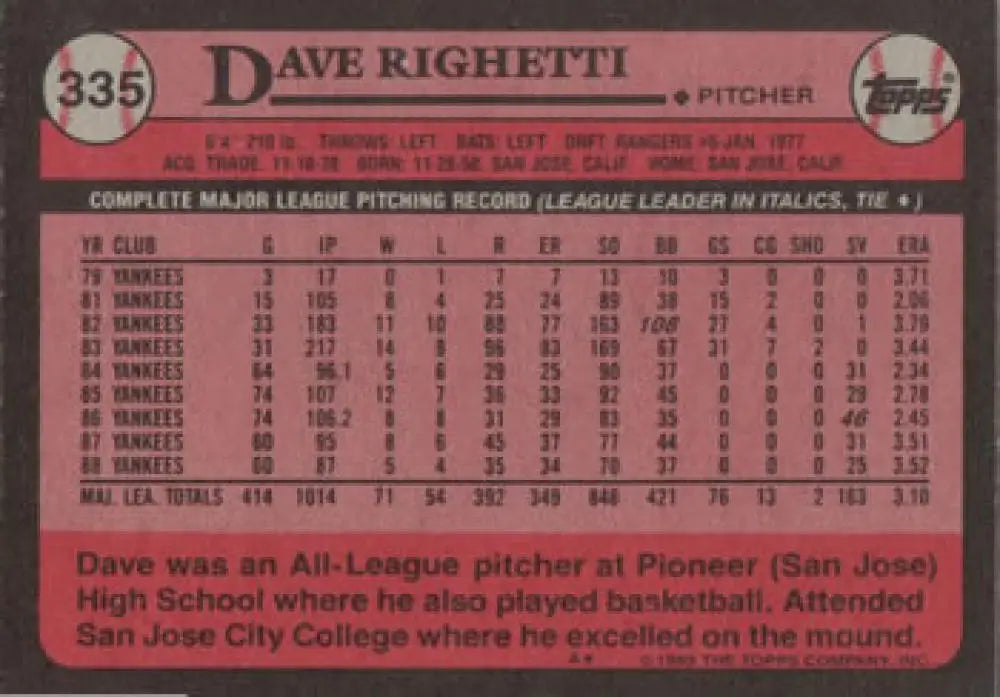 1989 Topps #335 Dave Righetti NM-MT New York Yankees Baseball Card Image 2