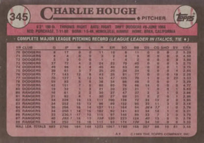 1989 Topps #345 Charlie Hough NM-MT Texas Rangers Baseball Card Image 2