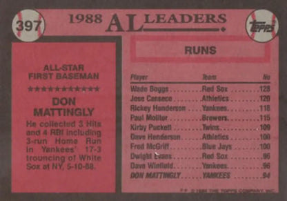 Pink 1988 Topps baseball card featuring Don Mattingly AL runs leaders NM-MT condition