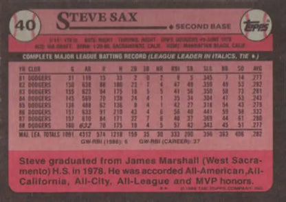 Baseball card featuring Steve Sax’s career batting stats, Los Angeles Dodgers collectible