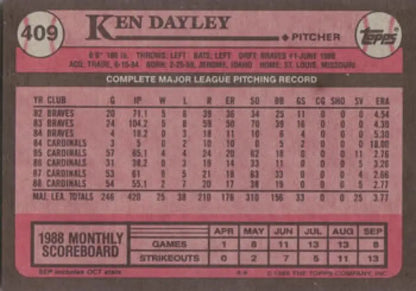 1989 Topps Ken Dayley baseball card featuring the St. Louis Cardinals in NM-MT condition