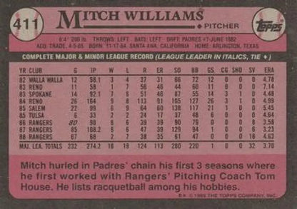 Mitch Williams 1989 Topps #411 Texas Rangers Baseball Card with career stats and info