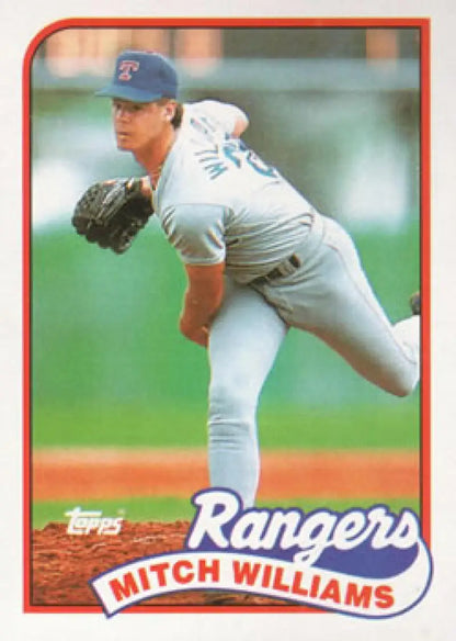 Mitch Williams delivering a pitch in Texas Rangers uniform on 1989 Topps baseball card