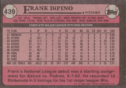 Baseball card featuring Frank DiPino’s stats with Chicago Cubs details