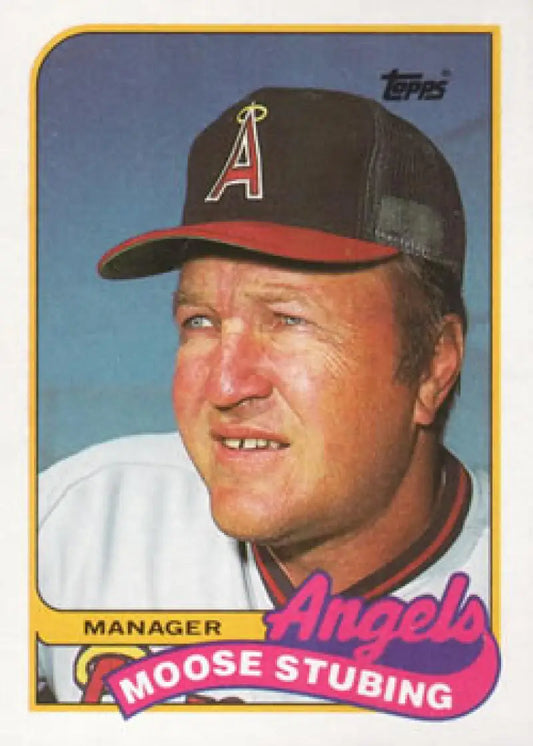 Vintage Topps baseball card of Moose Stubing, California Angels manager in uniform