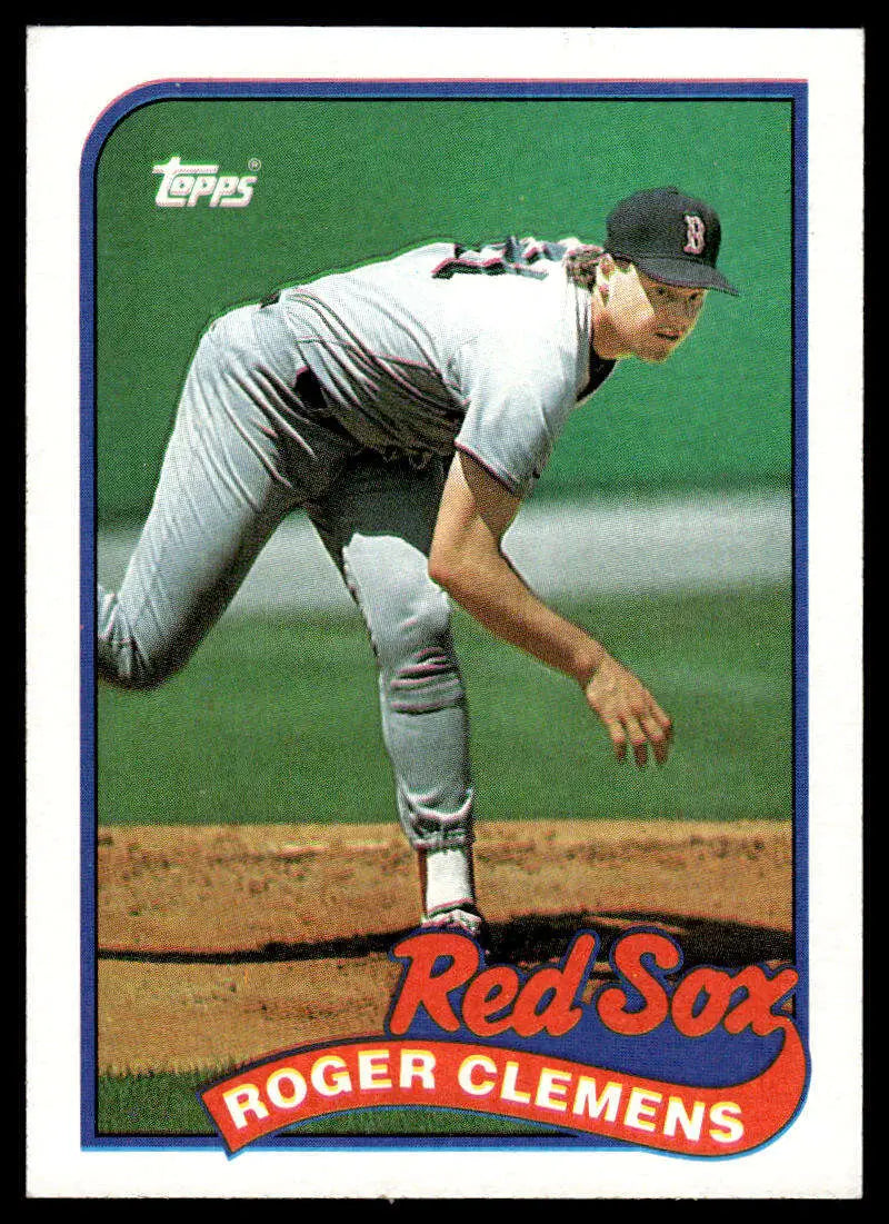 Baseball player in Boston Red Sox uniform mid-pitch on 1989 Topps Roger Clemens card