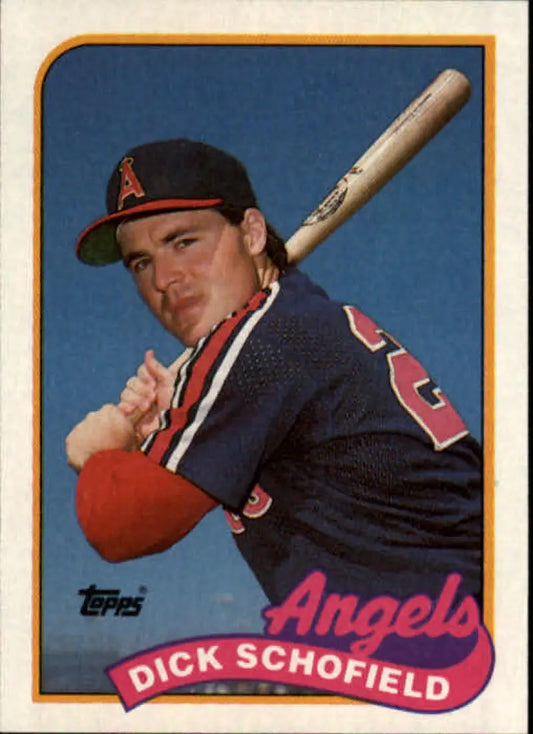 Baseball card of Dick Schofield in batting stance, California Angels player