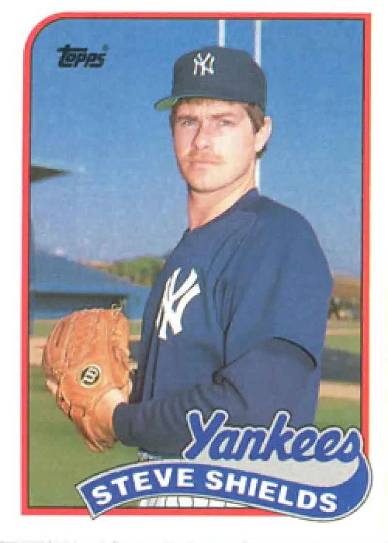 Baseball card featuring Steve Shields in New York Yankees navy uniform with glove