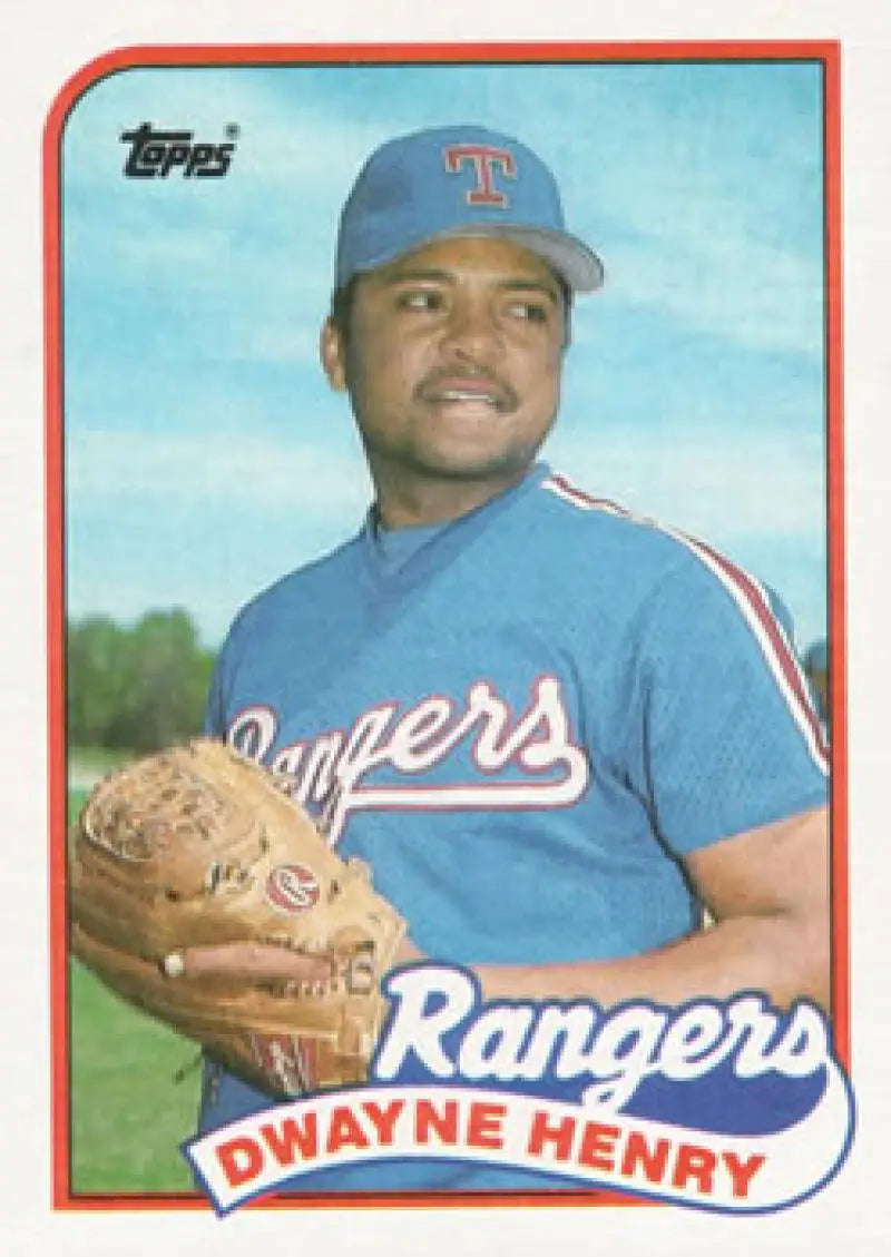 Texas Rangers baseball card of Dwayne Henry in blue uniform from 1989 Topps