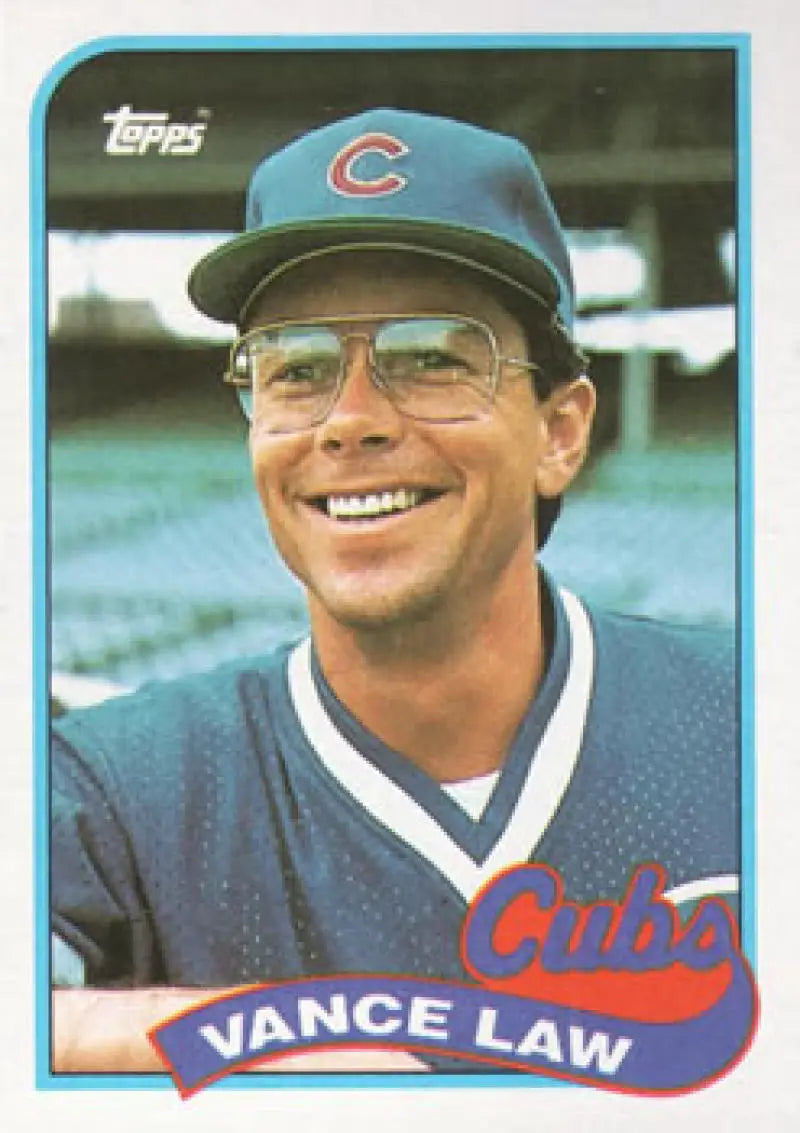 Topps baseball card of Vance Law in Chicago Cubs uniform and glasses