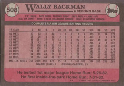 1982 Topps Baseball Card #508 featuring Wally Backman of the New York Mets