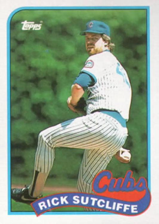 Rick Sutcliffe mid-delivery in pinstripe uniform on Chicago Cubs baseball card