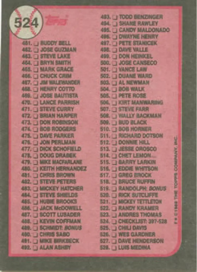 Pink baseball card checklist 397-528 featuring vintage player names from 1989 Topps