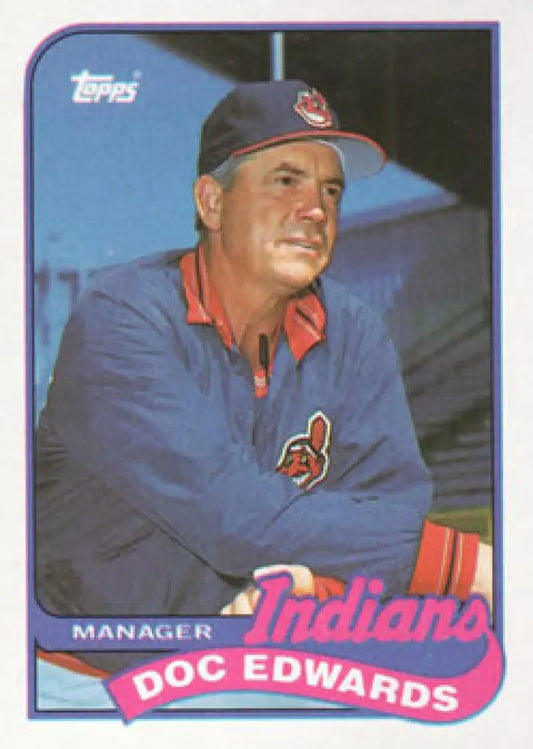 Vintage Topps baseball card of Doc Edwards, Cleveland Indians manager in blue jacket