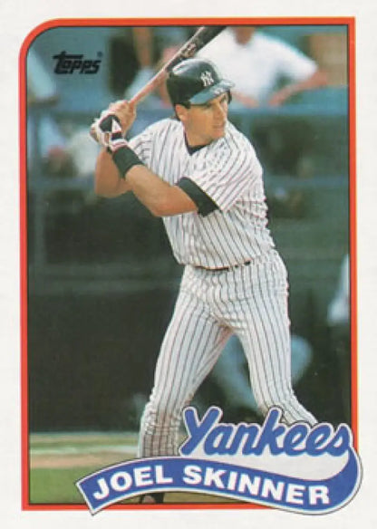 Joel Skinner at bat in pinstripe uniform on New York Yankees baseball card