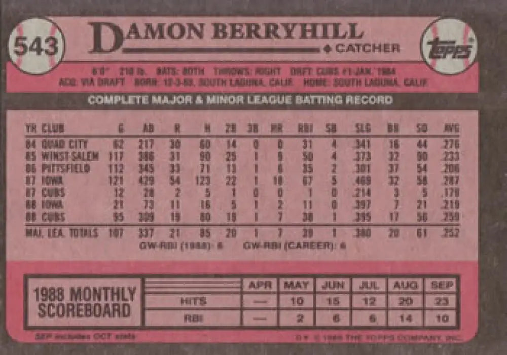 1989 Topps #543 Damon Berryhill Chicago Cubs Baseball Card with 1988 statistics