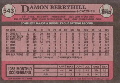 1989 Topps #543 Damon Berryhill Chicago Cubs Baseball Card with 1988 statistics